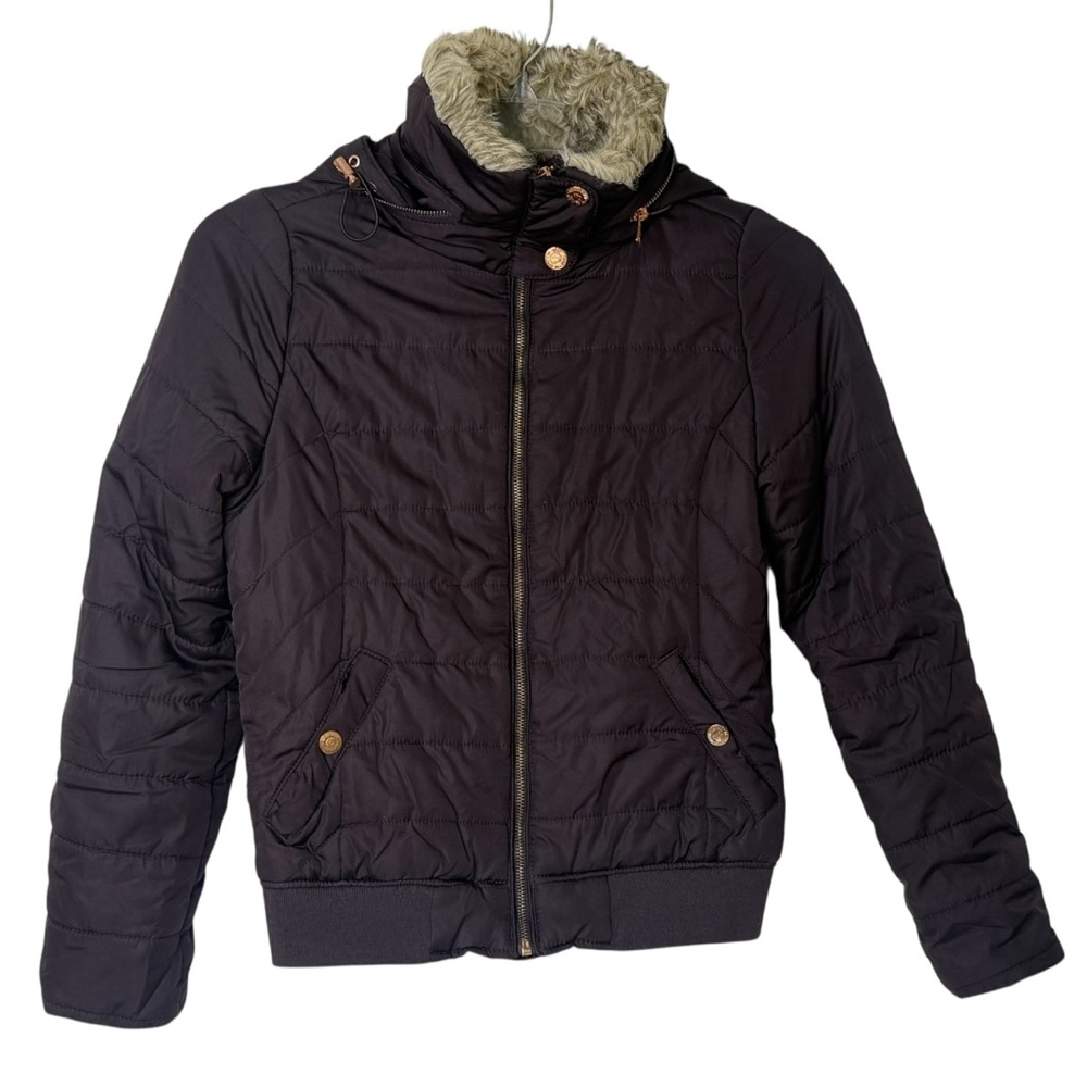 Aeropostale Womens XS Plum Puffer Jacket Hidden Hood Pockets‎ Faux Fur Trim